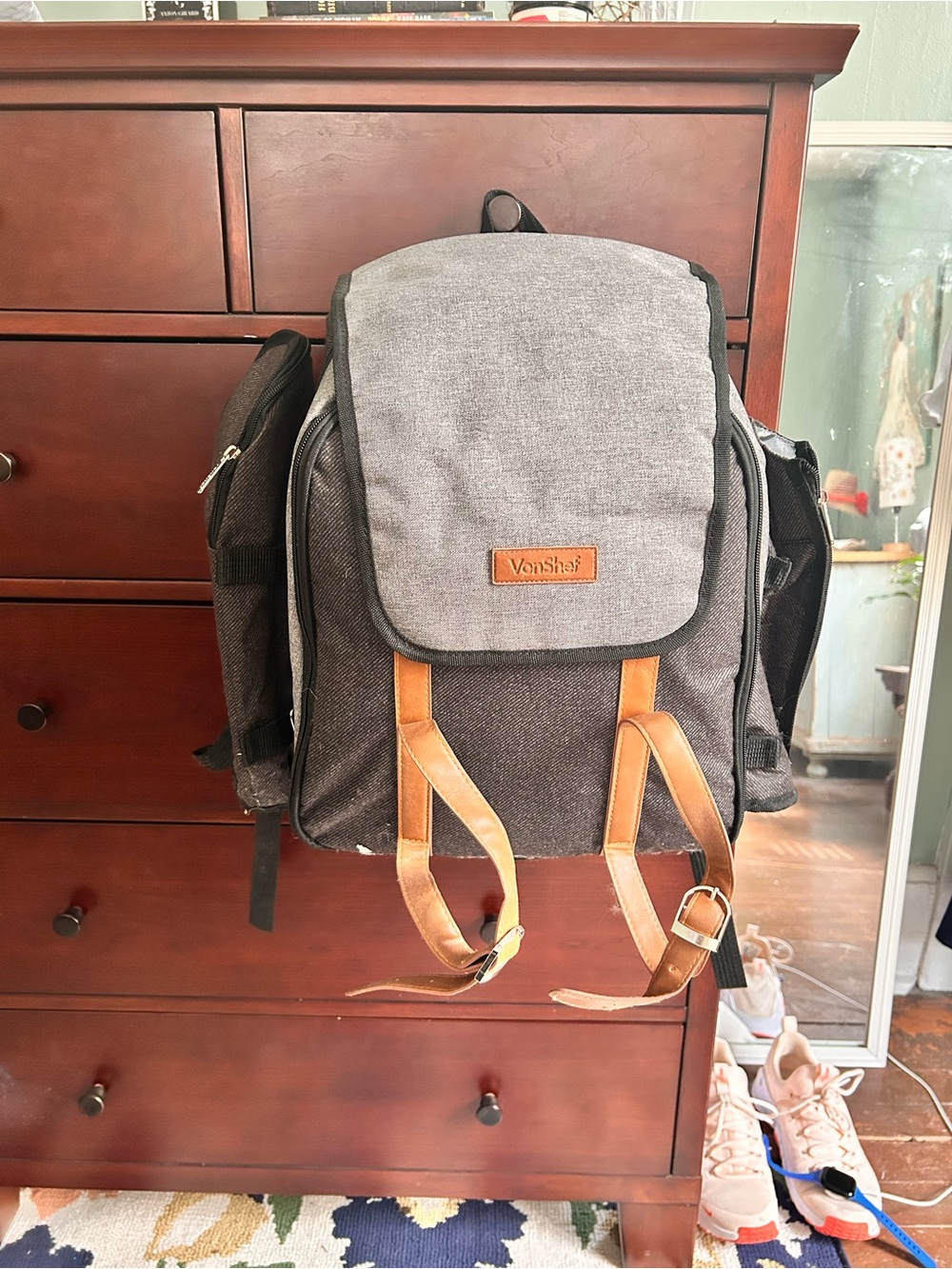 Grey Backpack with Tan Accents — Casual Everyday Carry